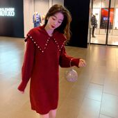 连衣裙 外穿针织毛衣宽松红色套头中长款 哺乳衣秋冬款 2020新款