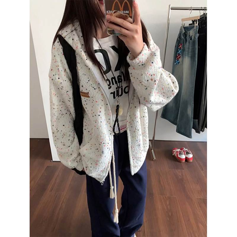 冰激凌彩点开衫卫衣女连帽春秋慵懒高级感潮牌cleanfit情侣外套潮