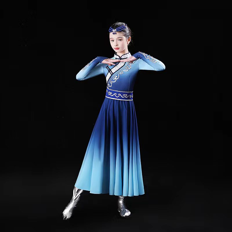 新款儿童三月三少数民族表演服女童蒙古草原筷子舞连衣裙舞蹈服装