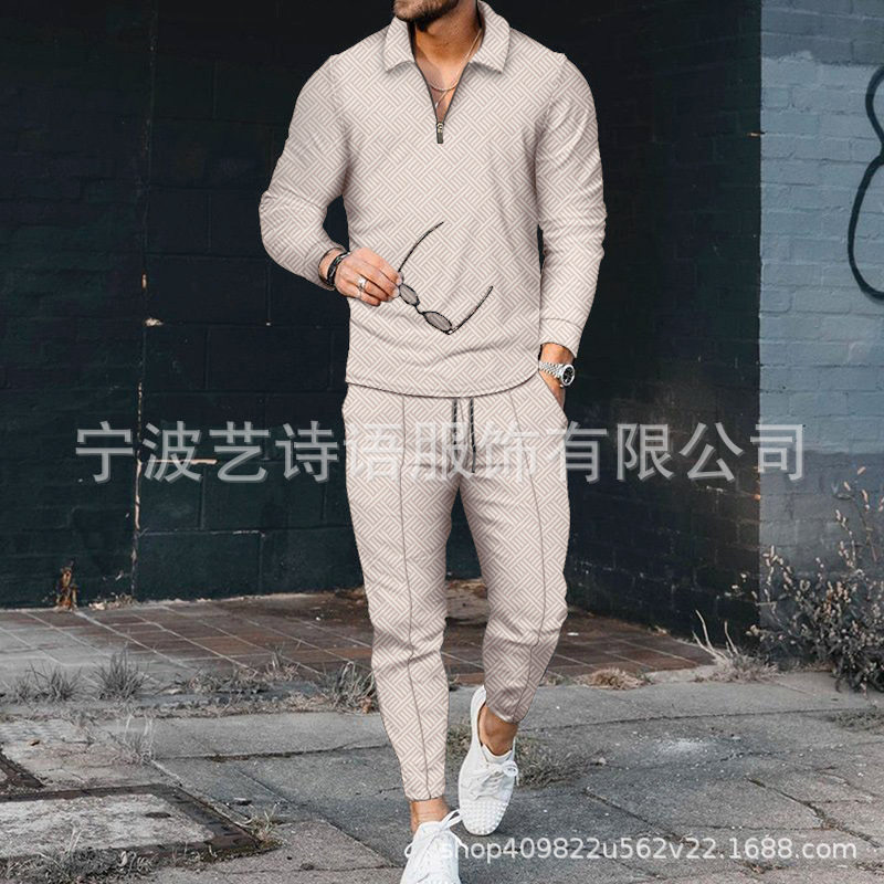 Men's casual suit 欧美男新款休闲撞色POLO拉链翻领衫长袖套装