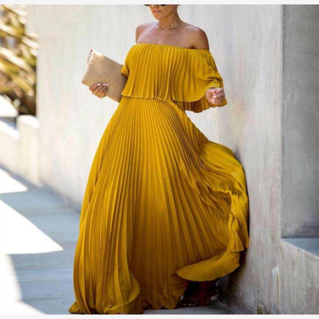 Strapless Chiffon Long Dress 欧美性感一字肩裹胸雪纺压褶长裙