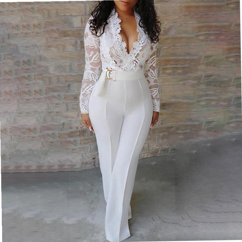 Deep v perspective lace stitching jumpsuit women拼接连衣裤女