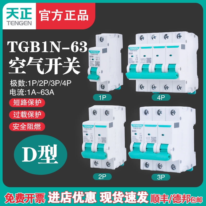 天正电气 TGB1N-63 D型空气开关 电动机动力型断路器 1P 2P 3P 4P