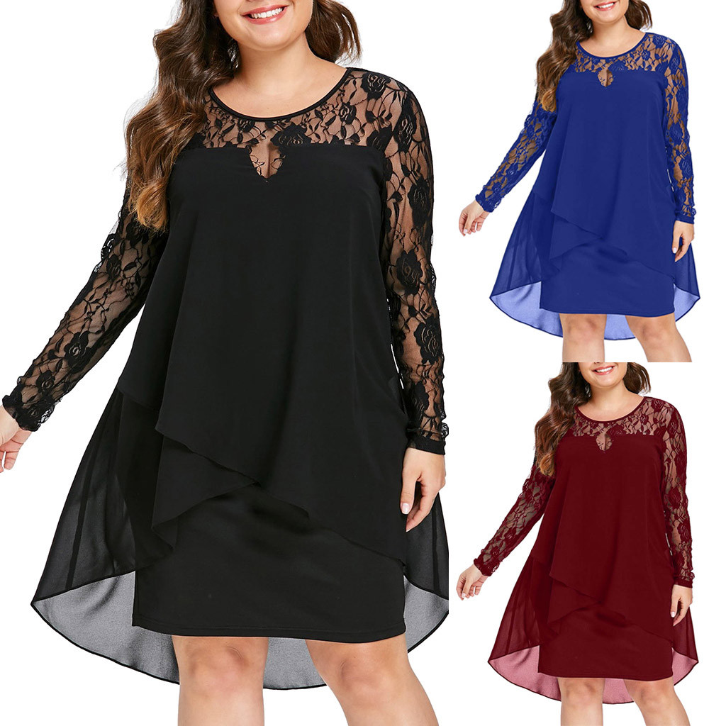 Sleeve High Low Hem O-Neck Dress Casual party dresses  S-5XL