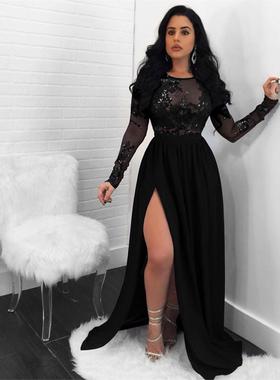 Long sleeves dress women long wide dress black night club xl