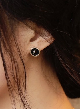 925纯银耳针复古黑色圆形十字星水晶耳钉高级感小众轻奢设计耳饰