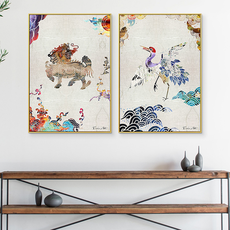 现代新中式客厅背景墙玄关装饰画 金属框中国风动物 麒麟年画精品图片