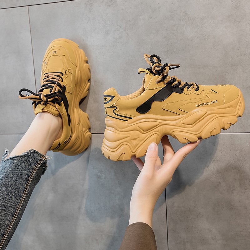 明星同款炸街老爹鞋女2024秋季新款百搭ins潮厚底黄色休闲运动鞋