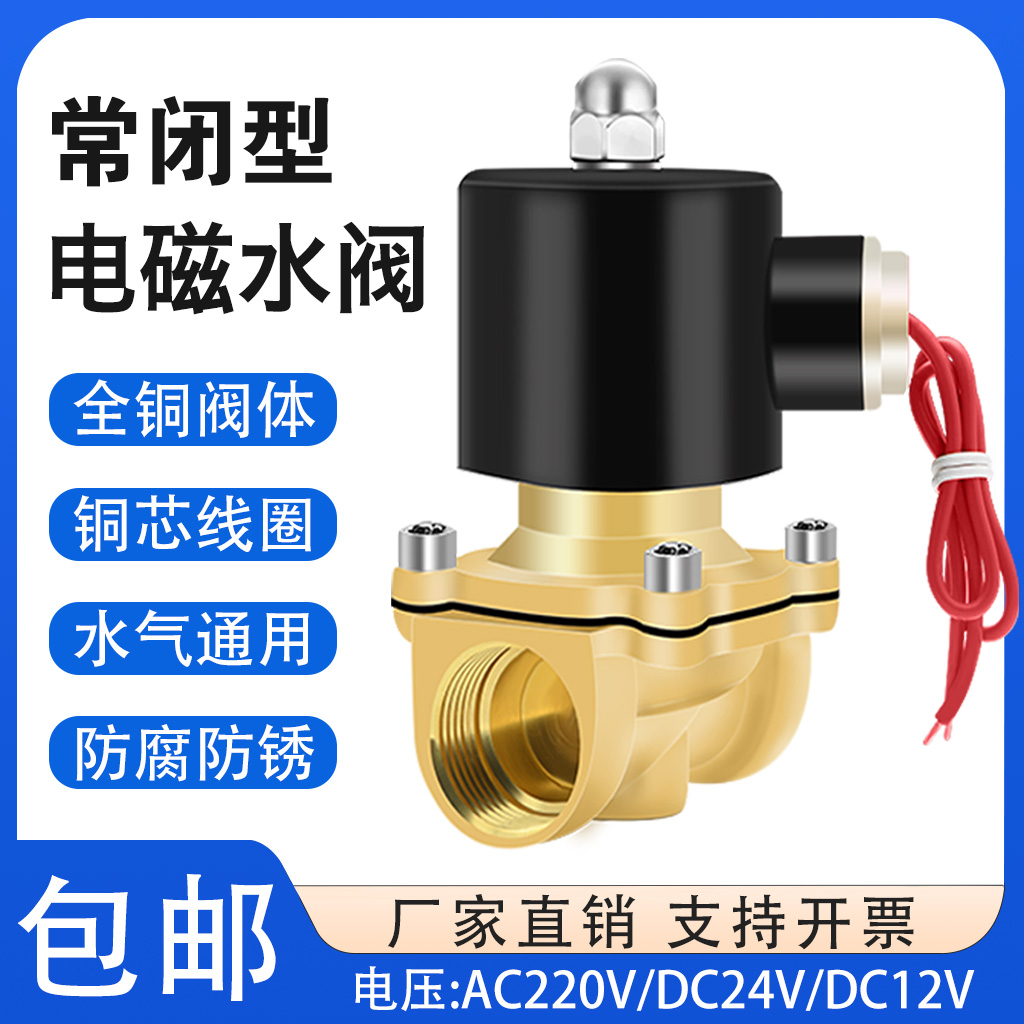 货车淋水电磁阀24v常闭水阀水管电磁控制阀220v线圈12V开关4分1寸
