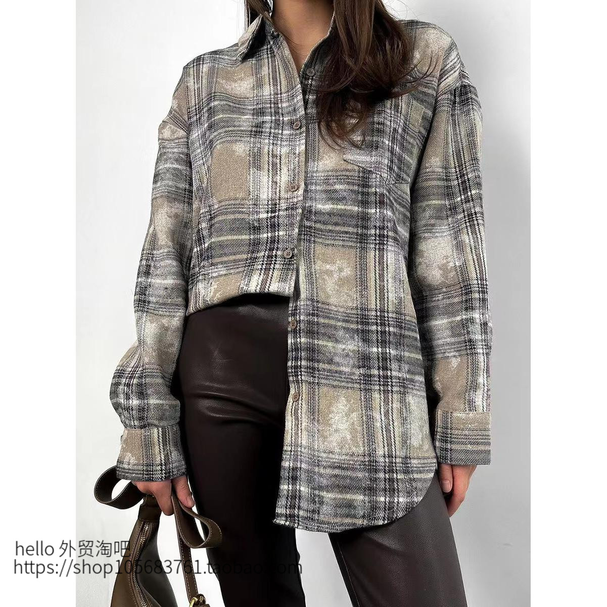 欧美风新款中长款格子长袖时尚衬衫Checkered long sleeved shirt