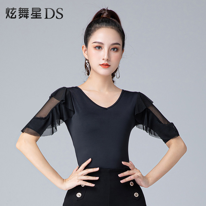 拉丁舞上衣国标舞服装飘逸荷叶袖形体练功服华尔兹摩登舞上装夏