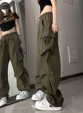 美式hiphop裤子男款夏季军绿色伞兵工装裤多口袋日系垂坠感阔腿裤