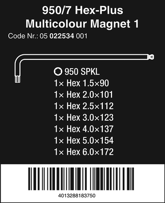 德国Wera维拉950/7 Hex-Plus Multicolour Magnet 1公制内六组套