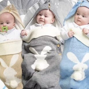 INS新款 欧美纯色婴儿针织兔子纽扣睡袋户外推车毛线宝宝睡袋