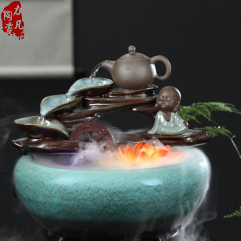 陶瓷流水摆件风水轮招财水景鱼缸客厅禅意小和尚喷泉加湿开业礼品
