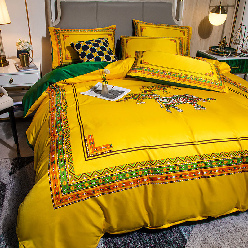 高档水洗真丝四件套天丝被套欧式丝滑裸睡床单床笠式大版床上用品