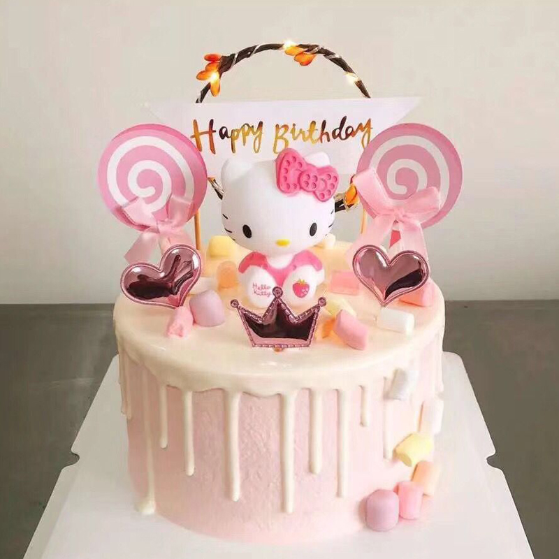 粉色系KT猫蛋糕装饰插牌摆件主题情景生日派对甜品台女友少女礼物