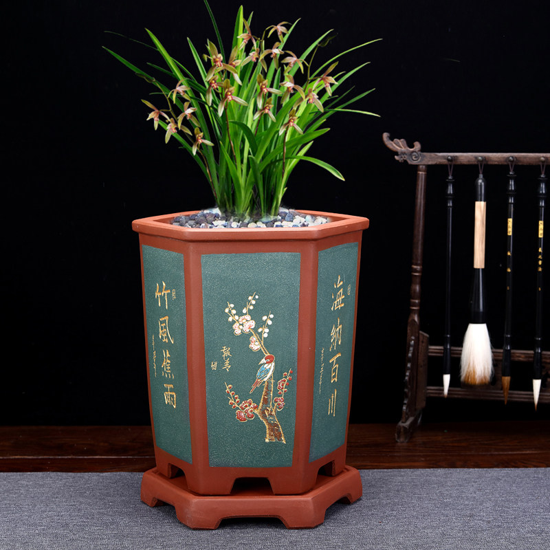 紫砂六方手工兰花盆宜兴陶瓷盆景盆绿植桌面高档家用兰草盆带底座