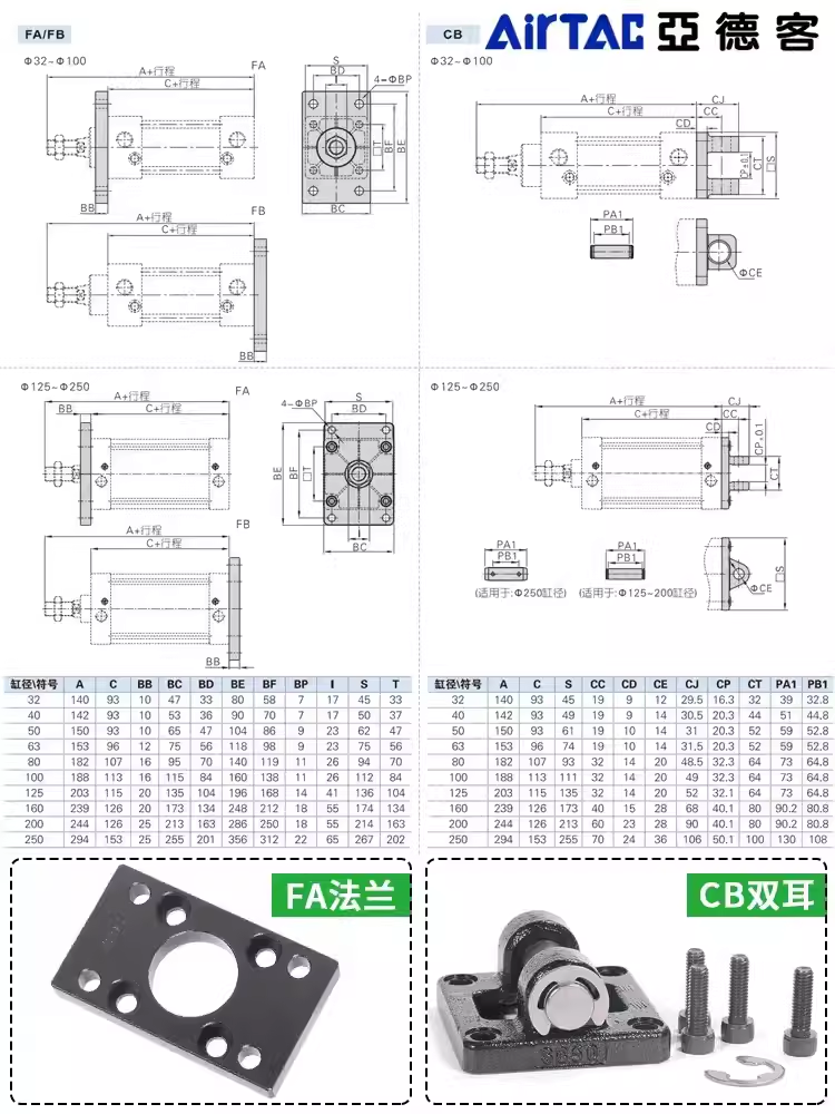 气缸安装支架附件F-SI SC SAU SAI SE32 40 50 63-LB-FA-CA-CB-CR