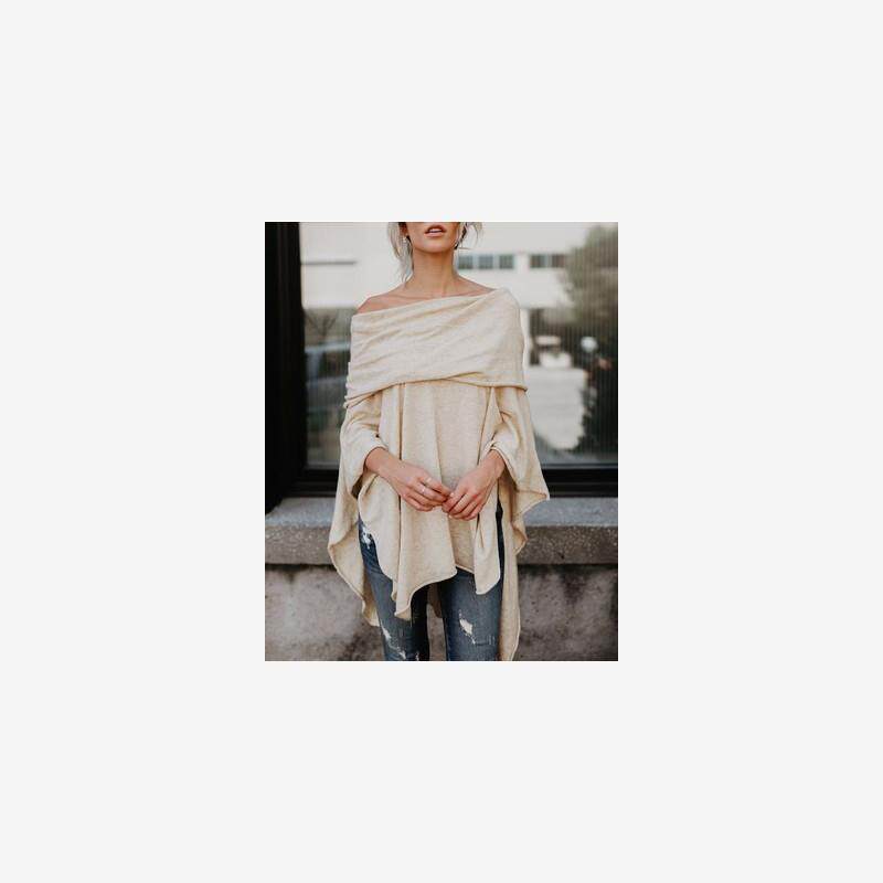 秋冬时尚欧美 性感一字肩宽松大码不规则下摆斗篷上衣T恤女潮