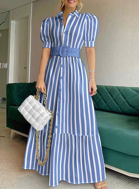 Dress Women Elegant Turn-down Collar Office Lady Maxi Dress