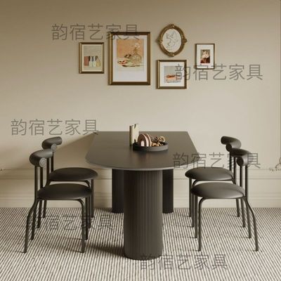 奶油风岩板餐桌椅组合小