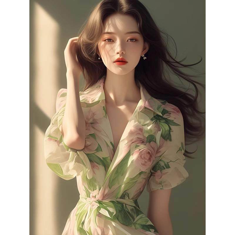 中长款收腰雪纺碎花裙子夏季女2024新款海边度假高冷御姐风连衣裙