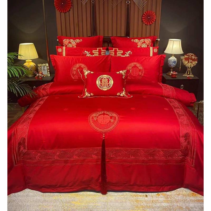 婚庆四件套大红全棉刺绣花纯棉新婚礼结婚房喜被床上用品六十件