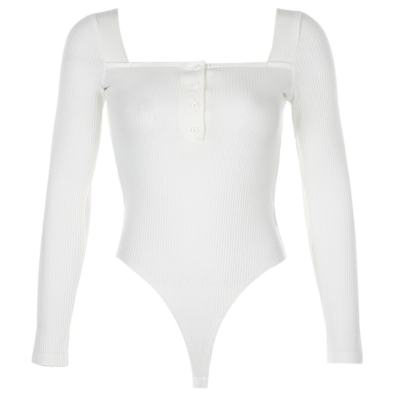 Slim-fit U-neck threaded long-sleeved single-breasted bodysu