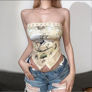宋雨琦同款复古印花无袖辣妹上衣女音乐节穿搭不规则外穿抹胸背心