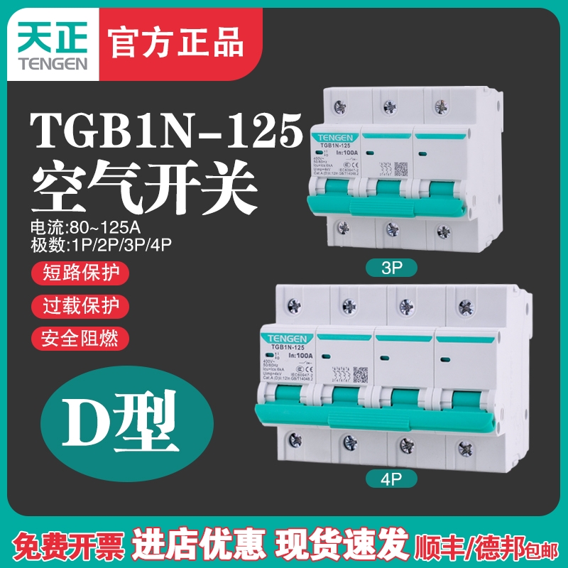 天正电气 TGB1N-125 D型空气开关 电动机动力型断路器1P 2P 3P 4P