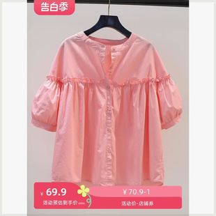 百搭休閑新式 棉質(zhì)粉紅色圓領(lǐng)燈籠袖 娃娃衫 女寬松休閑襯衣2024夏季