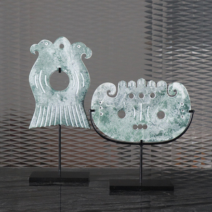 新中式现代创意雕刻玉璧摆件样板间书房客厅玄关博古架装饰品摆设