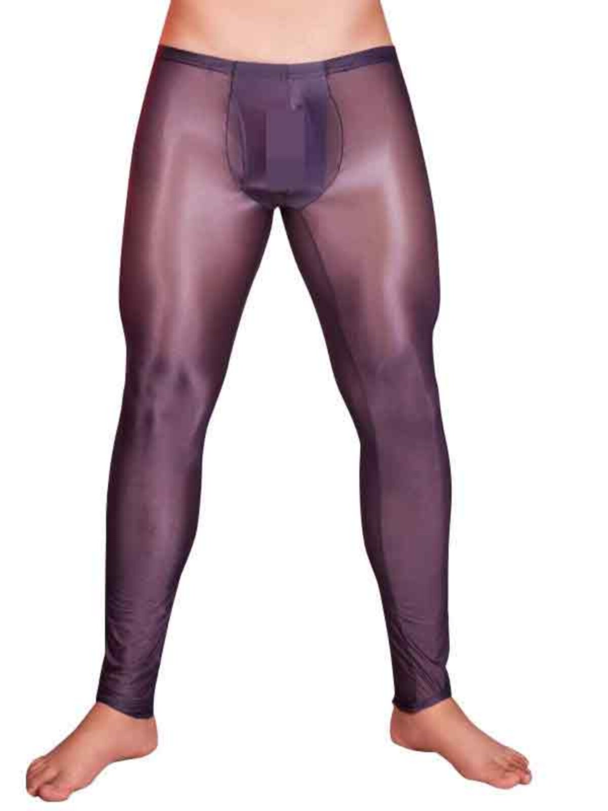 男士超薄丝滑油亮光泽紧身长裤性感透明低腰打底裤九分弹力睡裤