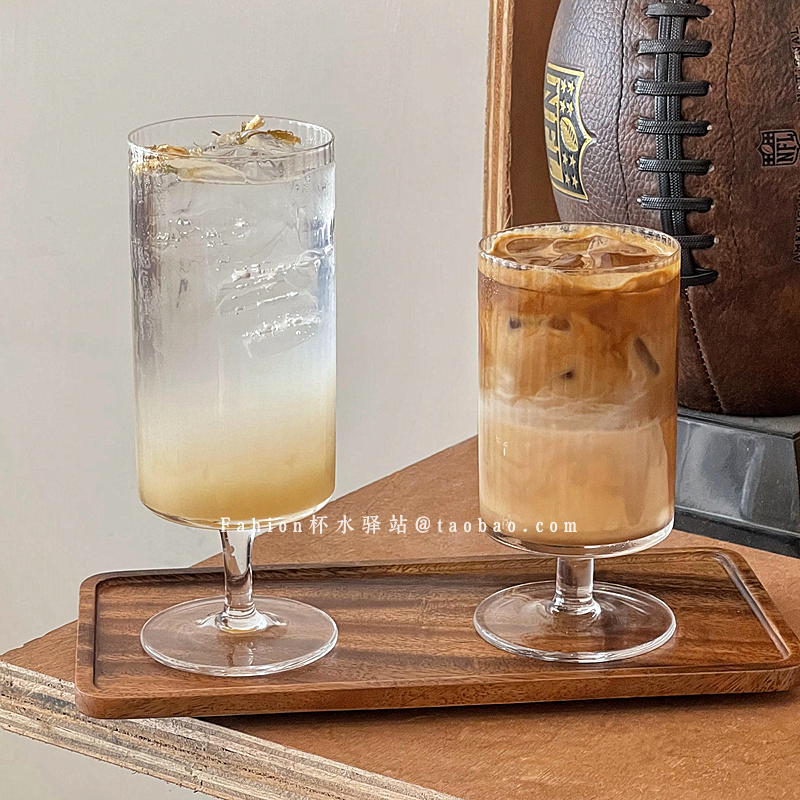 极简ins奶茶咖啡杯鸡尾酒高脚杯 大容量果汁杯咖啡厅果汁条纹水杯