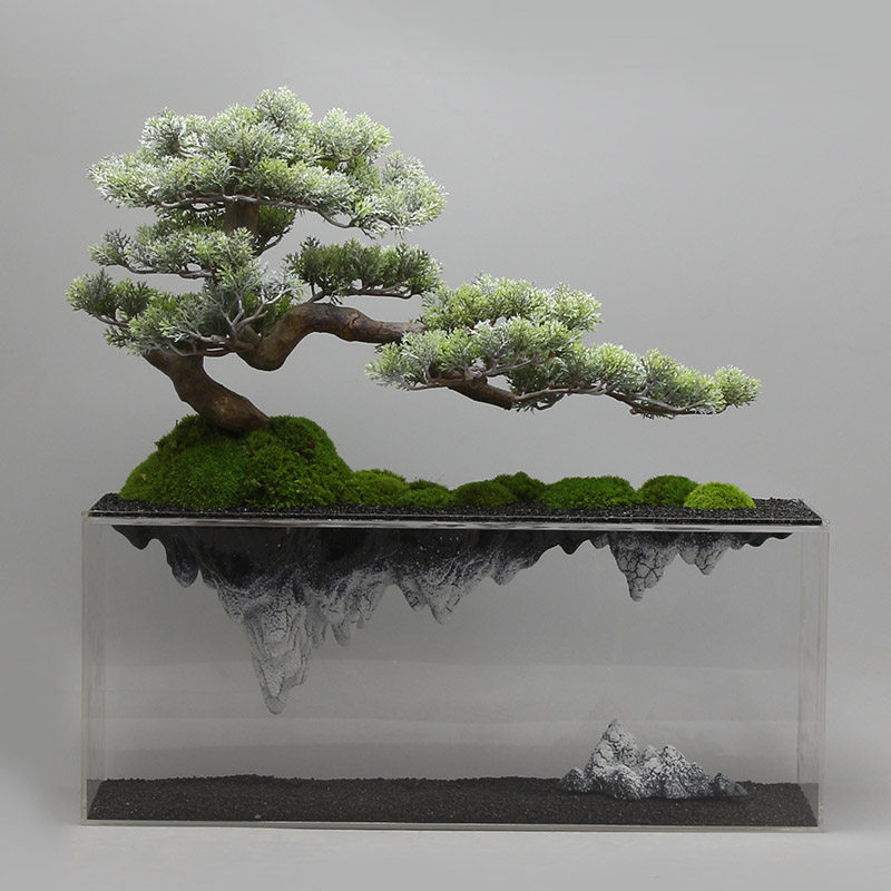 现代新中式禅意仿真迎客松摆件山水倒影玄关艺术品绿植假山软装饰