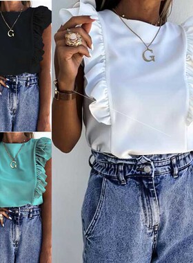 2020 Plain color Floured edge, short sleeve, round neck,