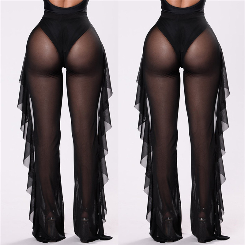 Ruffle High Waist Pants Long See Through Ladies Trousers2021