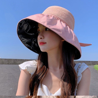 遮阳帽女夏季黑胶蝴蝶结