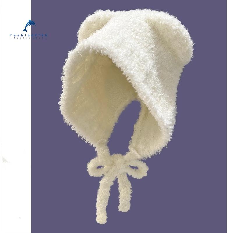 小熊耳朵毛线针织帽子女冬显脸小毛绒可爱护耳保暖大头围绑带冷帽