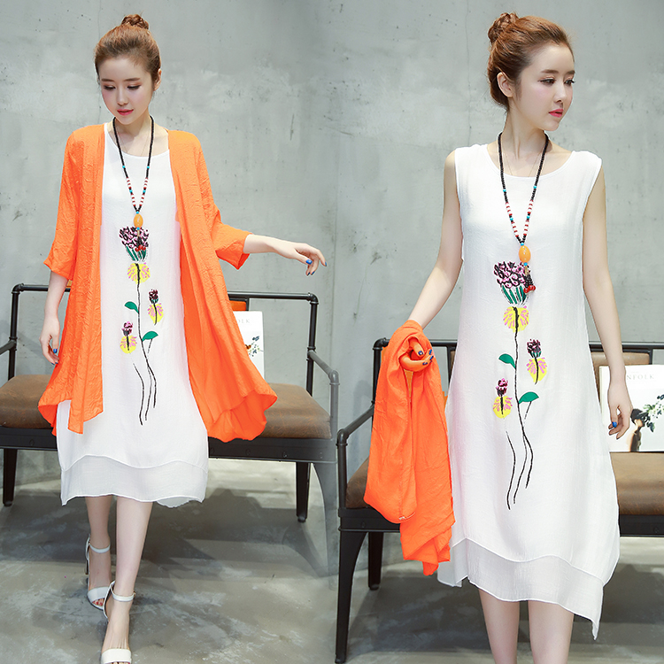 早秋中长款棉麻连衣裙两