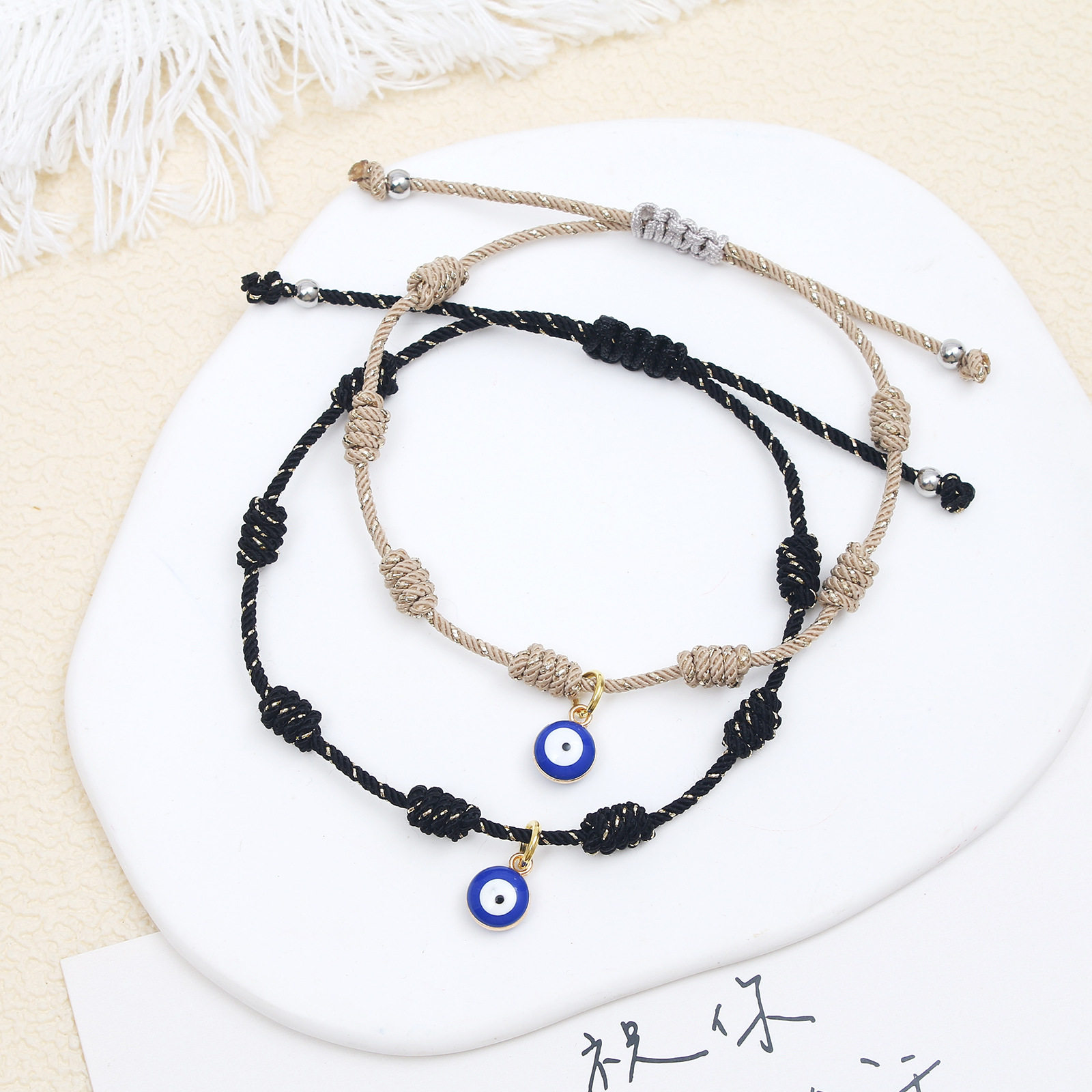 幸运7结恶魔之眼手链 手工编织间色蓝眼睛吊饰手绳手饰Bracelet