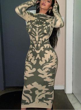 Long sleeves backless maxi dress欧美风秋冬修身露背长袖连衣裙