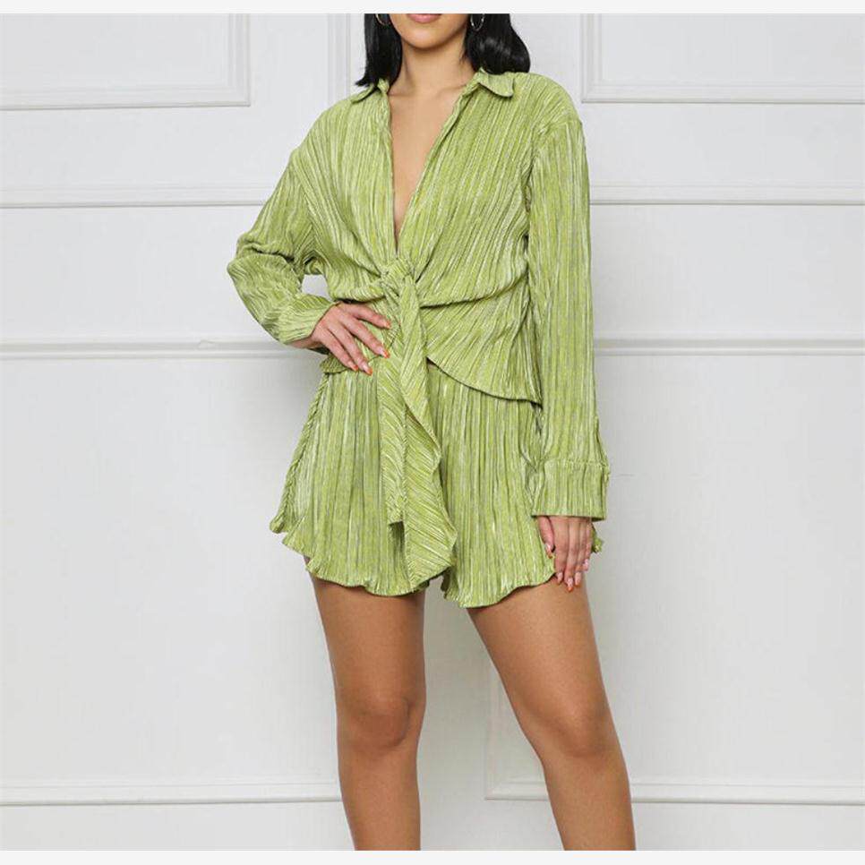 Pleated Shirt Ruffle Shorts Set 欧美翻领长袖衬衫短裤压褶套装