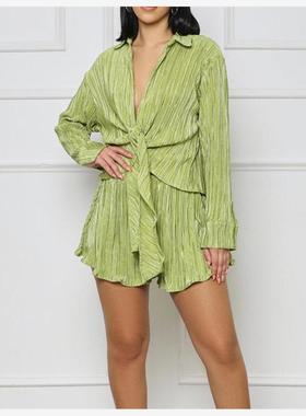 Pleated Shirt Ruffle Shorts Set 欧美翻领长袖衬衫短裤压褶套装