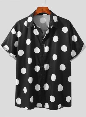 Summer Men Shirt Polka Dot Print Streetwear Lapel Men Clothi