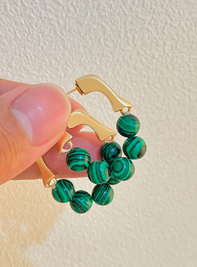 Women French style retro green round bead earrings 绿色耳环