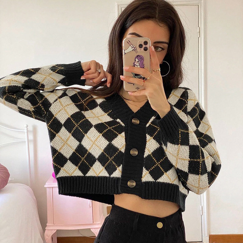 Diamond V-neck woolen coat loose short-breasted sweater外套