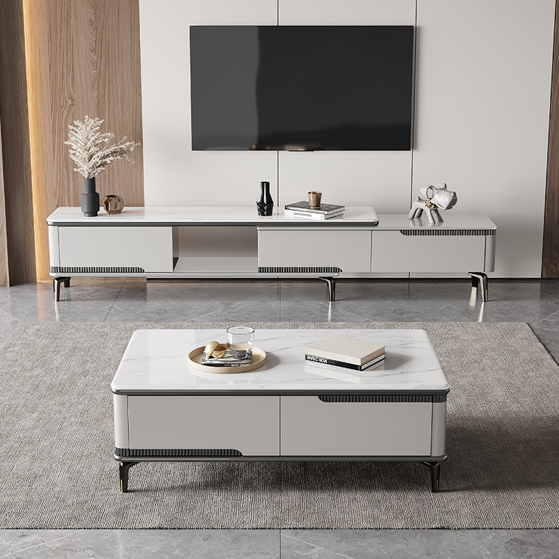 岩板茶几电视柜现代简约客厅家用小户型可伸缩实木收纳储物落地柜
