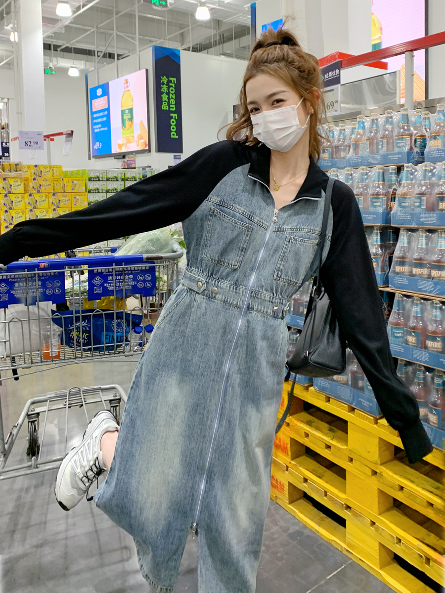 潮牌气质时尚拼接牛仔裙女2023秋新款女装减龄休闲显瘦收腰连衣裙